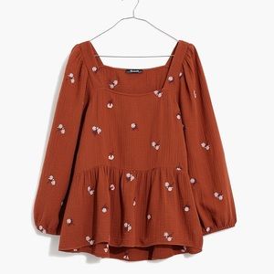 Madewell Amie Floral Embroidered Lightspun Millbrook Puff-Sleeve Peplum Top